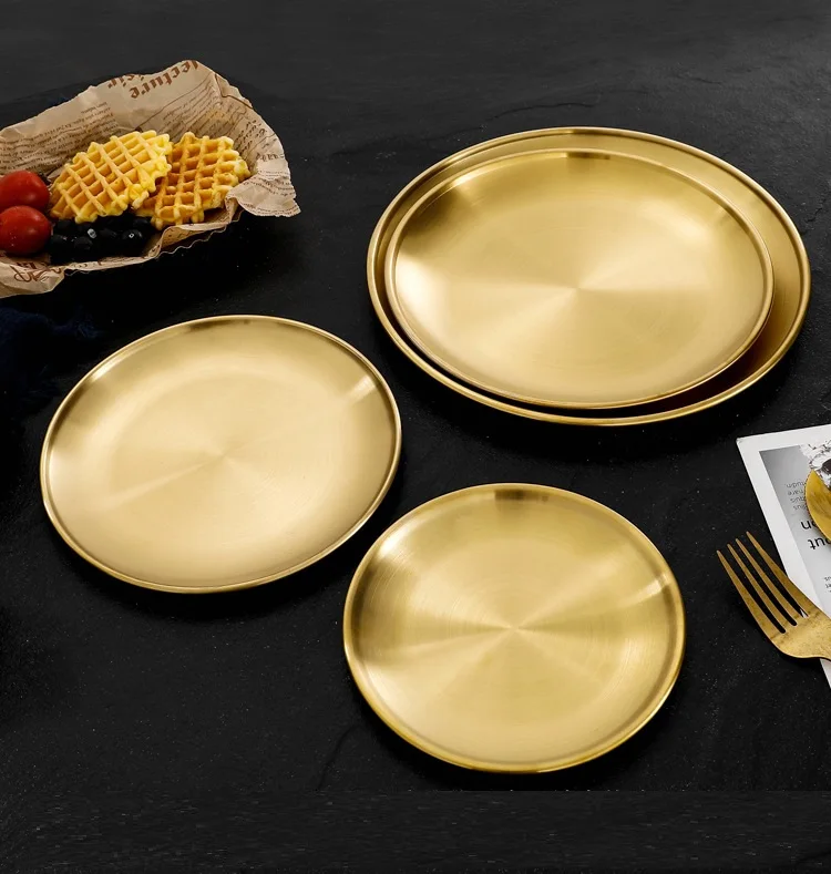 1pcs 23cm stainless steel dessert plate single layer thickened Golden Disc buffet Dinner plate