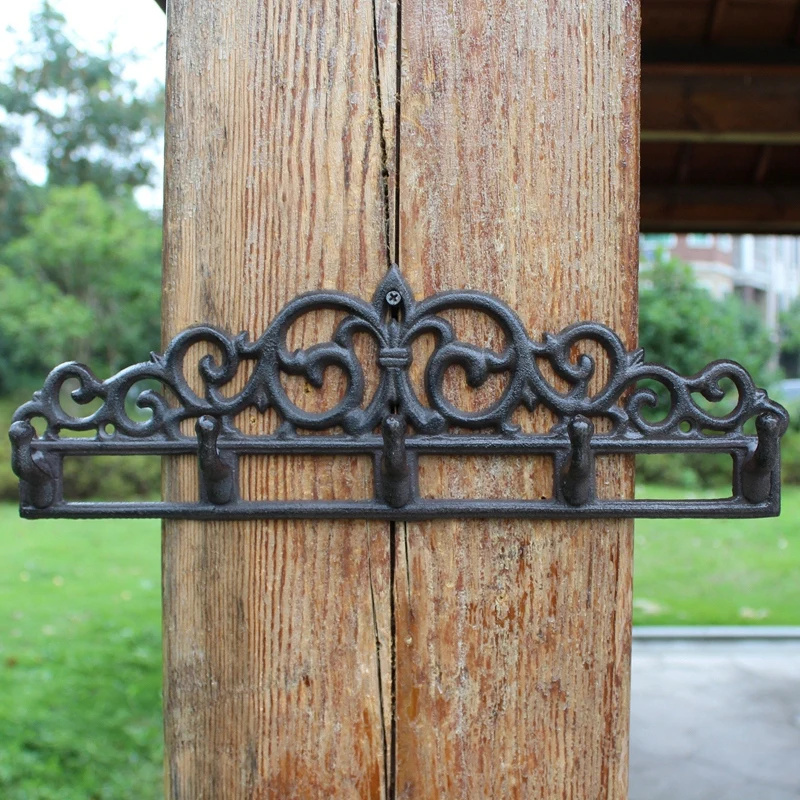 Chic Black Fleur De lis Cast Iron Wall Hook With Five Hangers Handmade European Home  Garden Decor Wall Mounted Metal Hooks