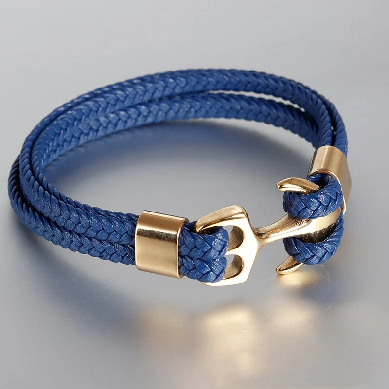 Genuine Leather Men Bracelet Hand Braided Rope Multilayer Leather Stainless Steel Anchor Bracelet Classic Bangle Sport Jewelry