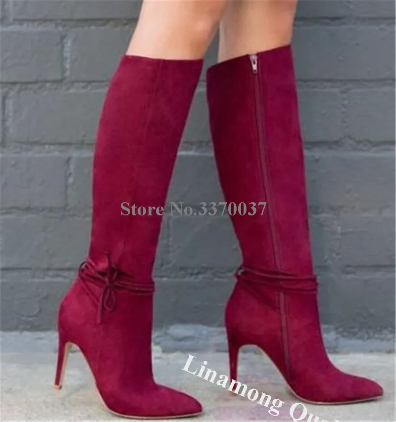 Linamong Women Elegant Pointed Toe Suede Leather Stiletto Heel Knee High Boots Ankle Straps Long High Heel Boots Dress Shoes