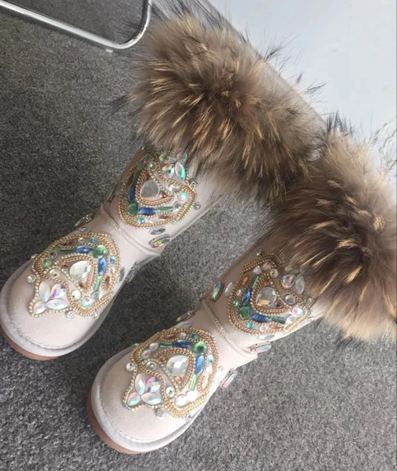 2021 Women Winter Warm Snow Boots Rhinestone Decoration Female Real Fur Ankle Boots Confortable Flat Shoes Slip On Rond Toe