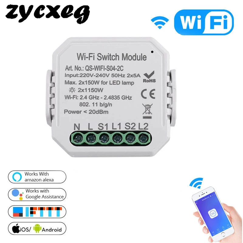 Mini Circuit Breakers 220-240V WIFI Intelligent Light Switch DIY Breaker Relay Module APP Remote Control 2 Gang 2 Way Dimmer