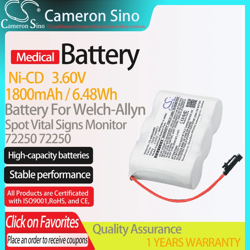 CameronSino Battery for Welch-Allyn Spot Vital Signs Monitor fits 72250 OM0073 Medical Replacement battery 1800mAh/6.48Wh 3.60V