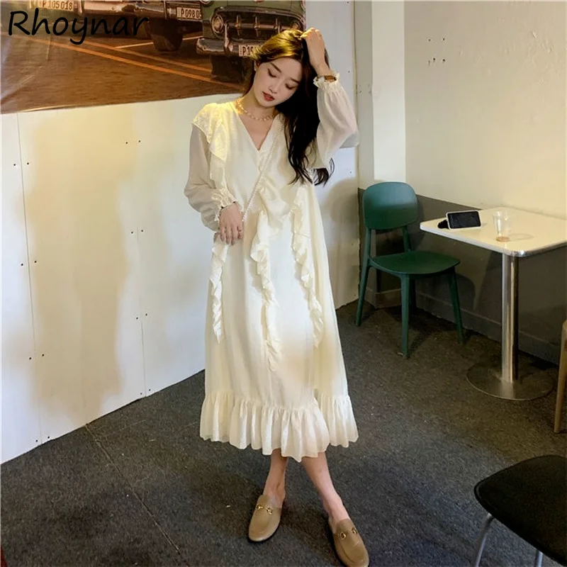 

Long Sleeve Dress Women Autumn New Solid V-neck Midi Elegant Ruffles Empire Sweet BF Daily All-match Breathable Aesthetic Tender