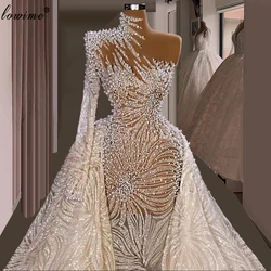 2 Designs Gorgeous Pearls Evening Dresses With Detachable Train Long Sleeves Formal Celebrity Dresses For Women Pageant Gowns