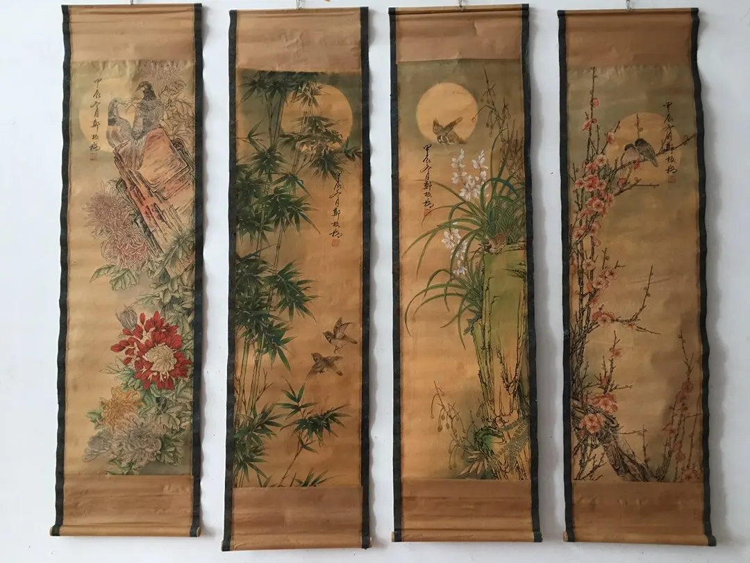 

China celebrity painting old scrolls Four screen decorate Meilan bamboo chrysanthemum painting