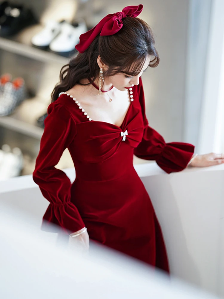 Velvet 4 Styles Toasting Gown Women Sweetheart Collar A-Line Slim Evening Dress Vintage Wine Red Engagement Party Dresses