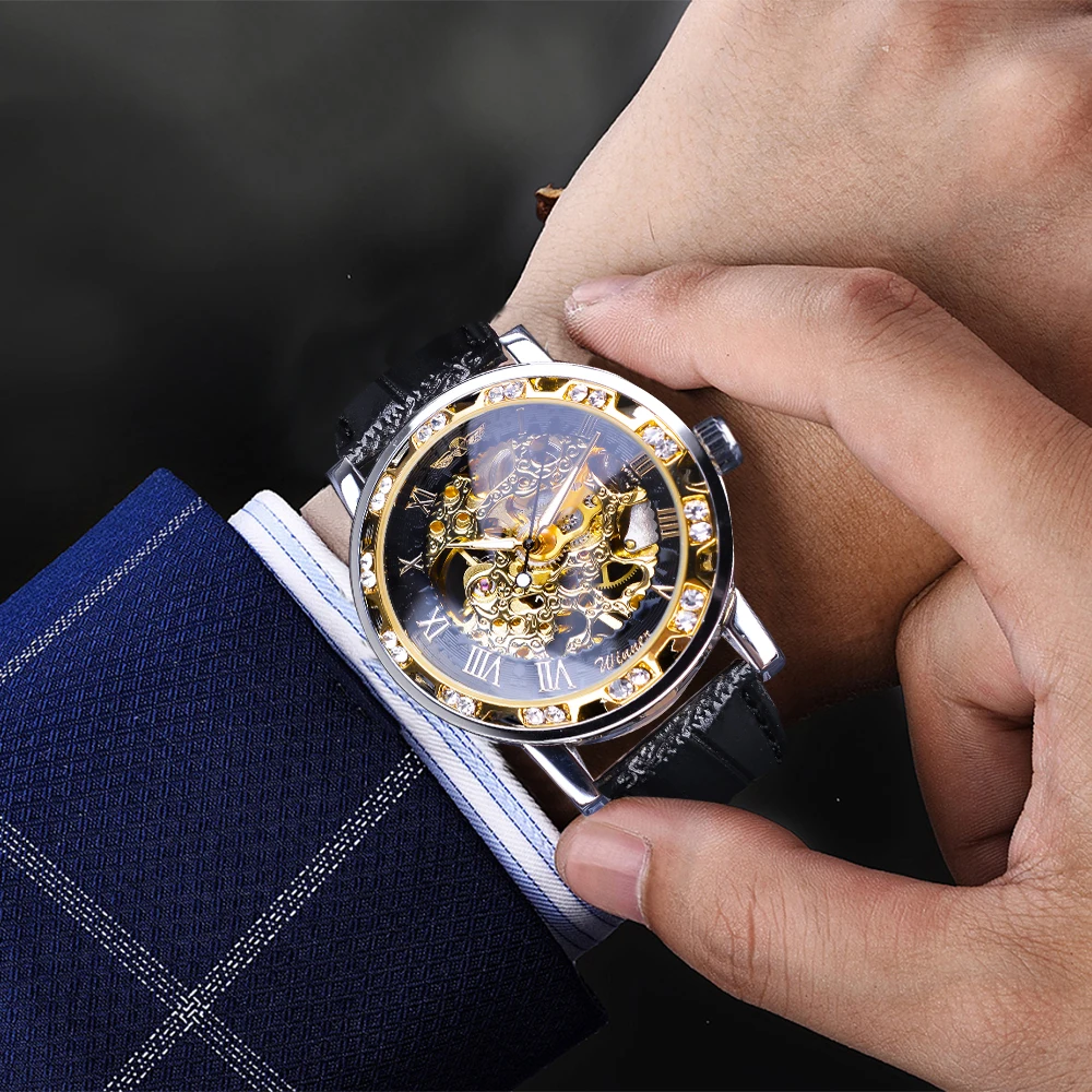 Winner Black Golden Retro Luminous Hands Fashion Diamond Display Mens Mechanical Skeleton Wrist Watches Top Brand Luxury Clock