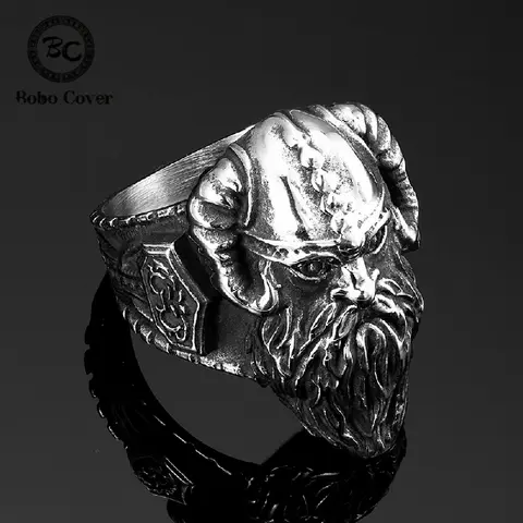 Viking Odin Horns Helmet Rings Men Stainless Steel Norse Runes Odin Mjolnir Hammer Amulet Finger Ring Scandinavian Jewelry Gifts