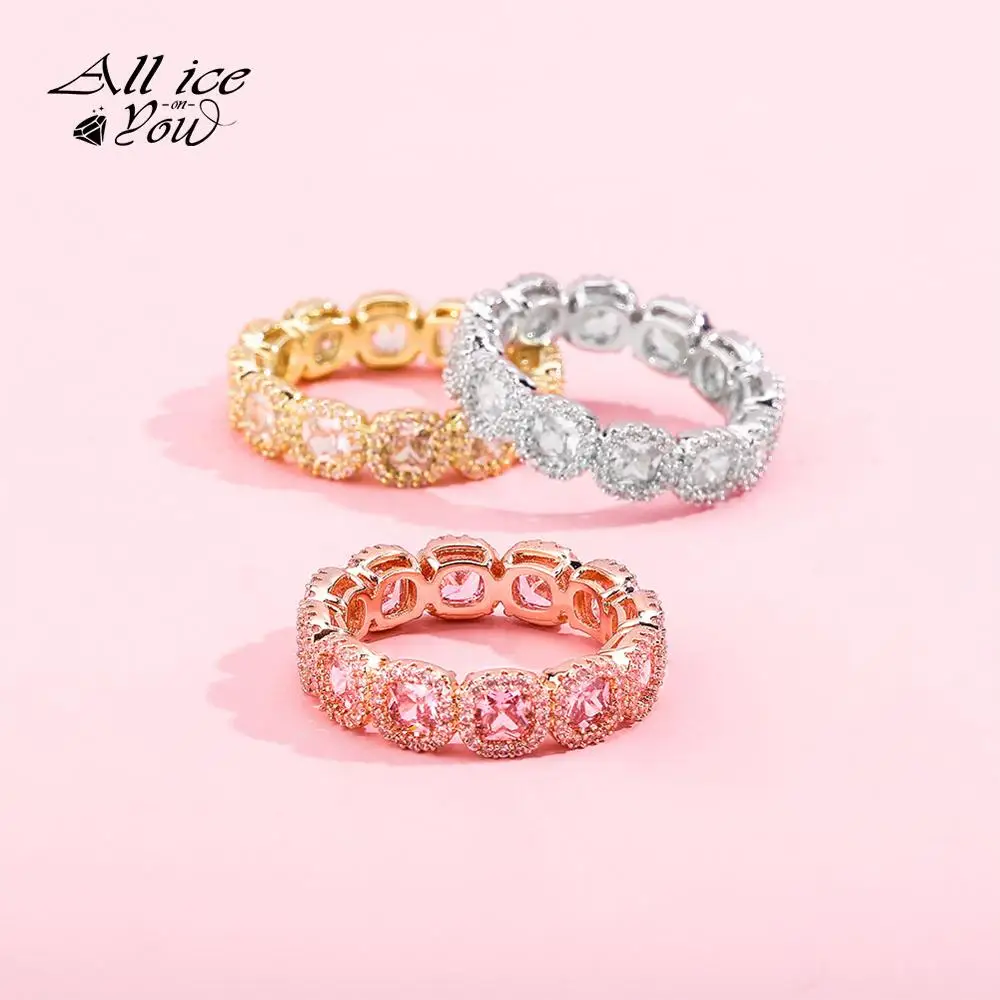 ALLICEONYOU New Iced Out Fashion Cubic Zirconia Tennis Round Luxury Ring wedding band Women Rings Hip Hop Jewelry For Gift