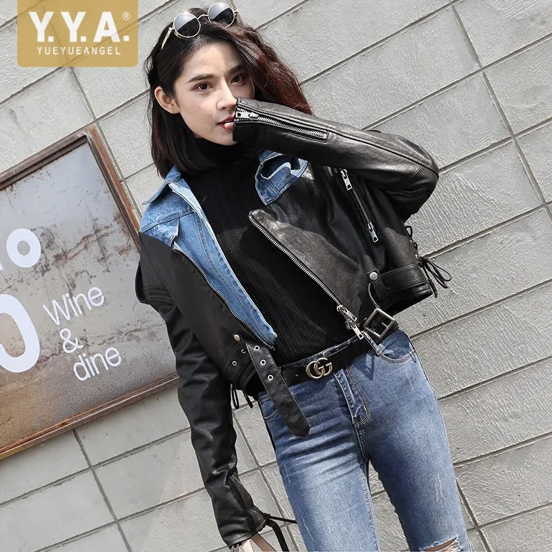 

Designer Women Short Denim Spliced Sheepskin Genuine Leather Jacket Belted Casual Streetwear Gothic Coat Motorcycle Biker Jacket