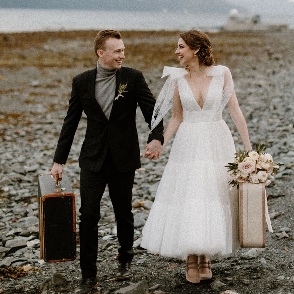 Tiered Polka Gepunktete Tüll Tee Länge Hochzeit Kleid Niedrigen V Ausschnitt Nach Maß Plus Größe Backless Puffy Geraffte Strand Braut kleider