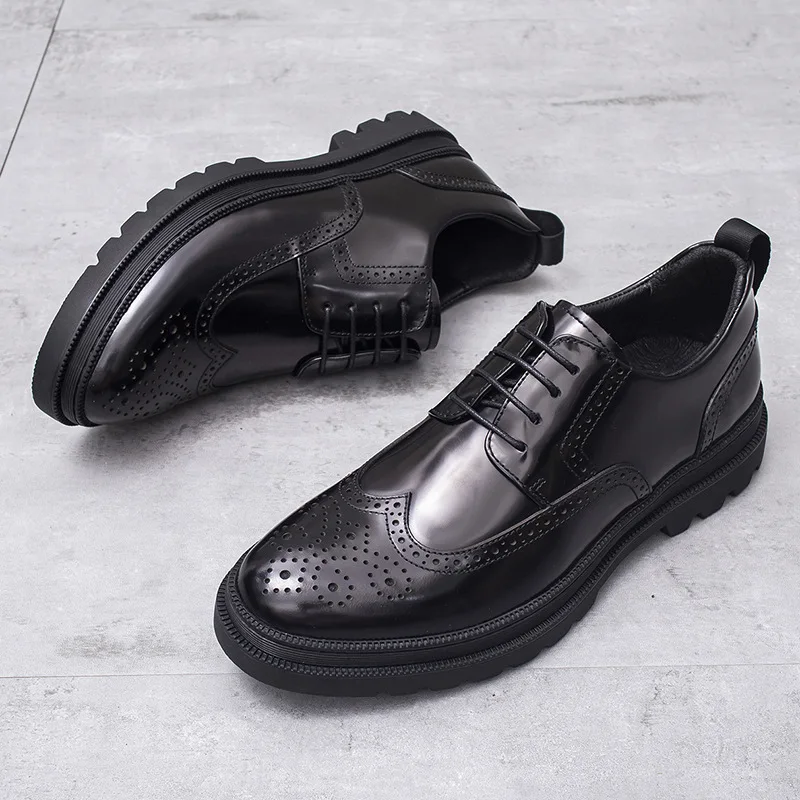 Fashion Mens Daily Casual Business Office Work Genuine Leather Brogue Shoes Thick Soled Heightened Carved Cowhide Men Shoes New