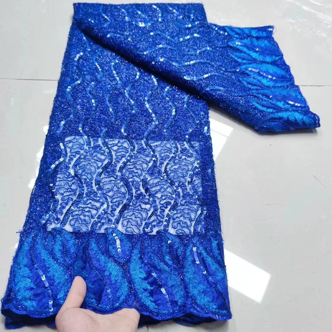 

African Royal Blue Haute Couture 5 yard Sequin Best Quality Luxury Embroidery Tulle Lace Fabric for Wedding Bridal Dress