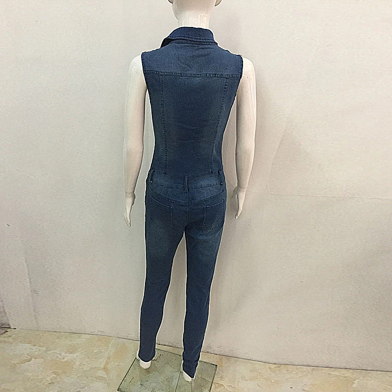 بذلة الدنيم الجينز ملابس حريمي عادية قطعة واحدة السروال القصير أكمام الياقة المدورة واحدة الصدر وتتسابق سيدة بنطلون Bodycon