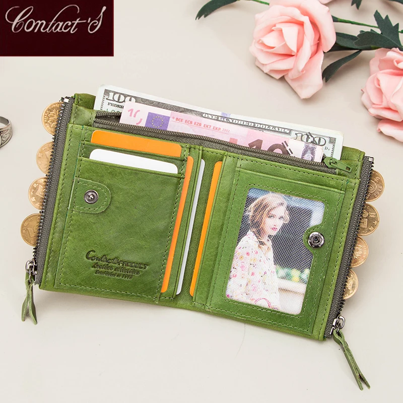 Contact\'s Womens Leather Wallet Small Bifold Compact Credit Card Case Purse for Ladies with Zipper Pocket Genuine Leather Wallet
