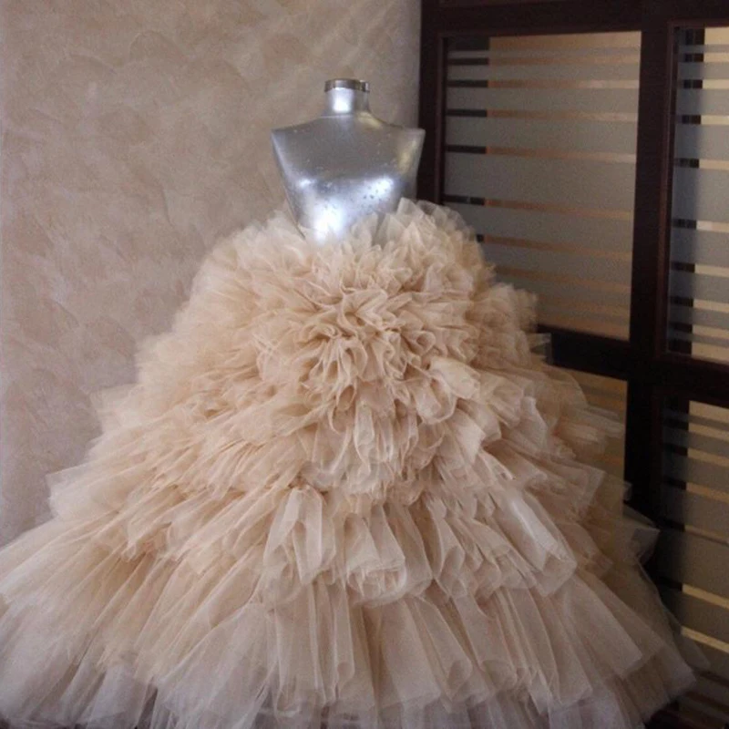 

Real Image Champagne Puffy Ruffles Tiered Tutu Ball Gowns Elastic Custom Made Long Women Tulle Skirt Bridal Skirt