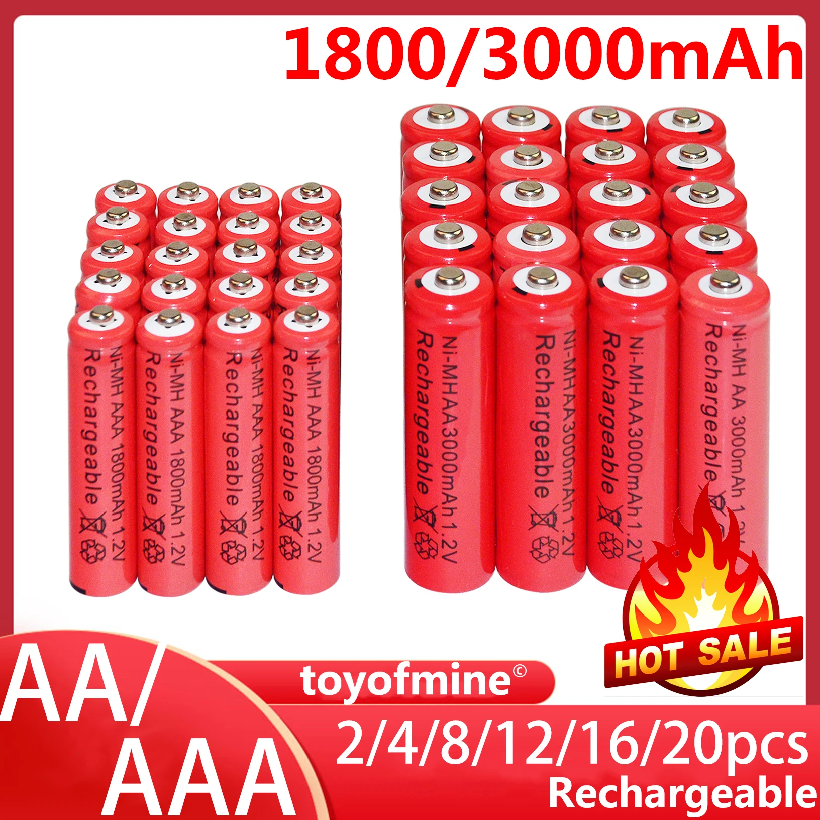 1.2V AA AAA NI MH batteria ricaricabile AA AAA NI-MH 1800-3000mah per torcia giocattoli orologio lettore MP3 sostituisci batteria Ni-Mh rosso