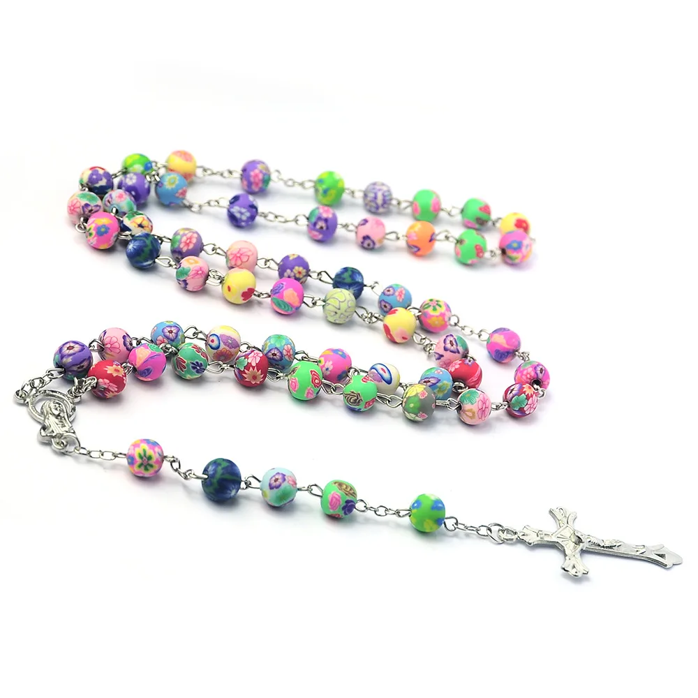 Colorful Soft pottery cross necklace Colorful pattern beads Catholic prayer beads Jesus Christian rosary Gothic punk necklace