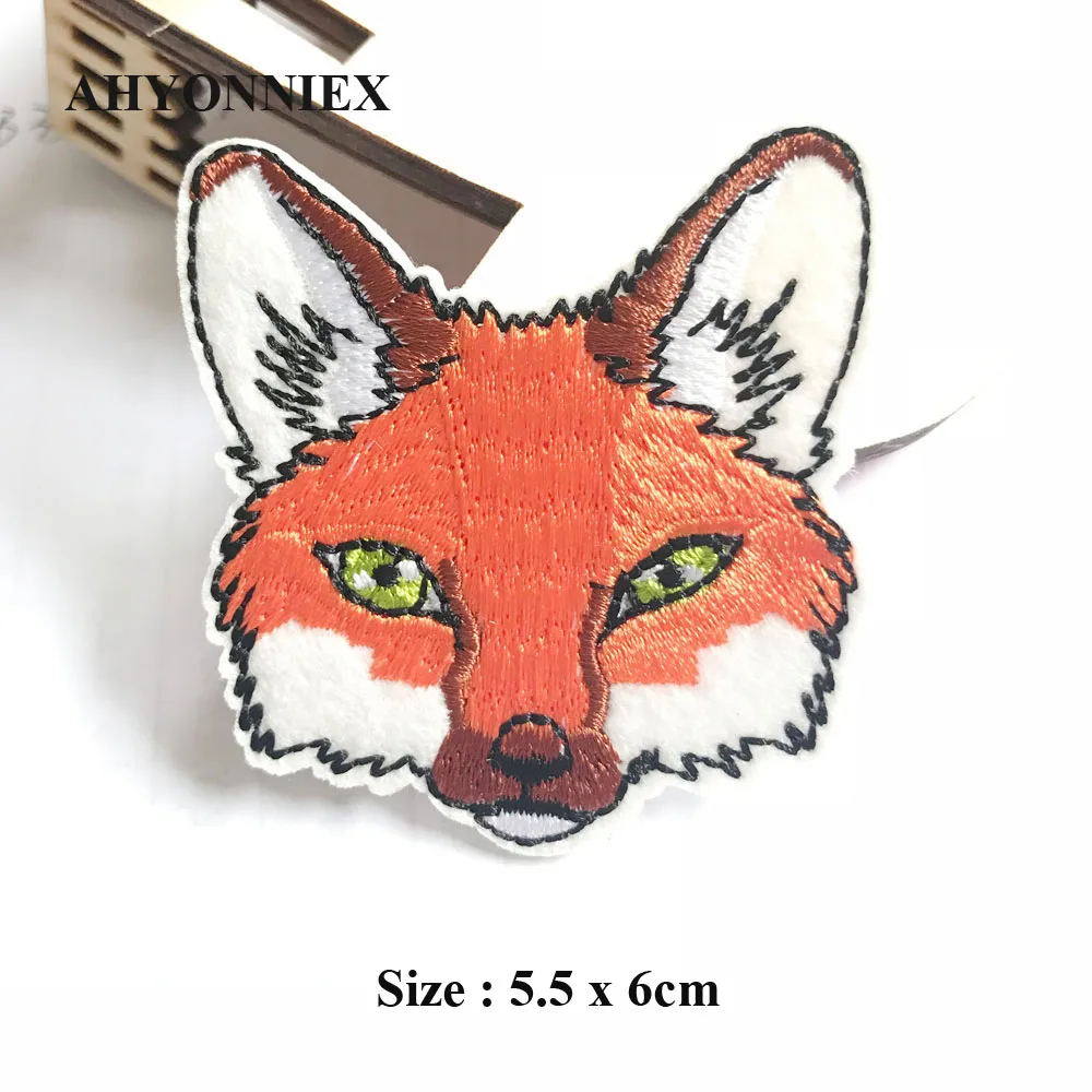 AHYONNIEX Fox Head Patch for Clothing Iron on Embroidered Sewing Applique Cute Sew On Fabric Badge DIY Apparel Accessories