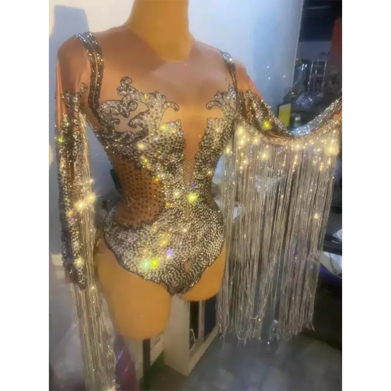 Women Sparkling Silver Rhinestone Sequin Tassel Party Bodysuit Bodycon Stage Fringes Jumpsuit Dancer Leotard DS Singer Bodysuit