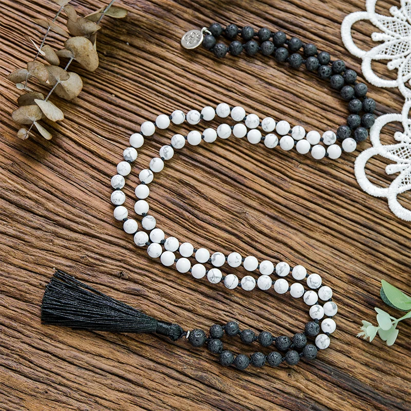 

8mm Natural Stone 108 Mala Rosary Necklace Howlite Black Lava Stone Beaded Knotted Meditation Yoga Blessing Japamala Jewelry