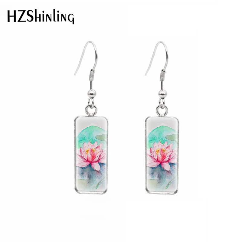 Watercolor Nymphaea Paintings Stainless Steel Rectangle Hook Dangle Drop Earrings Glass Cabochon Ear Jewelry