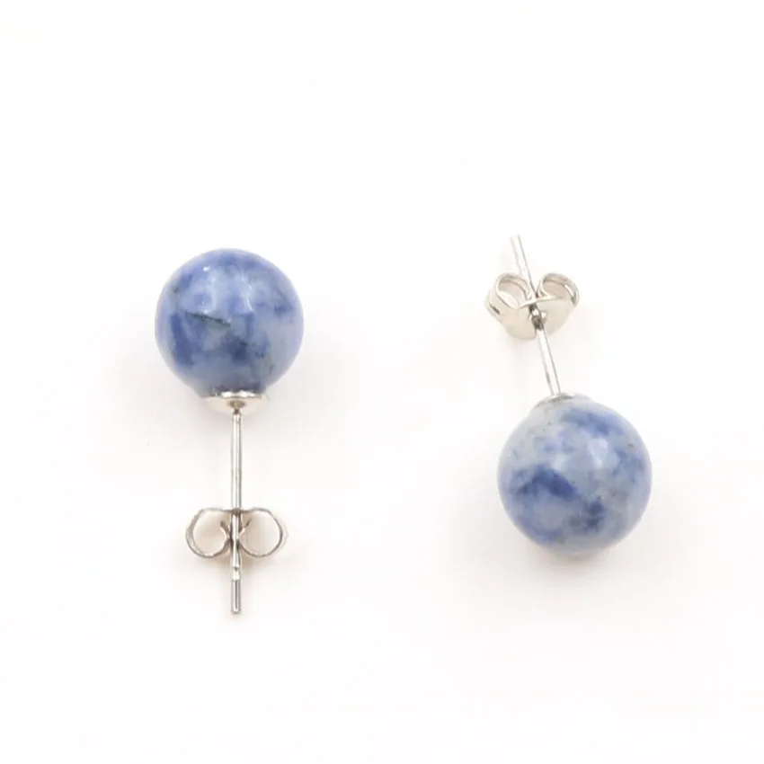 Blue Cat Eye Stone Round Beads Silver Plated Stud Earrings Golden Sand Stone Simple Style Jewelry