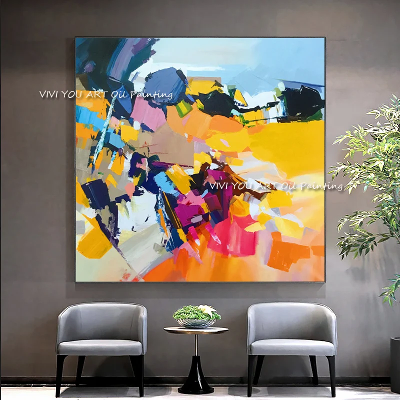 Hand Painted Palette Knife Oil Painting, Vibrant Color Block Abstract Square Canvas Wall Art Modern Bright Home Decor