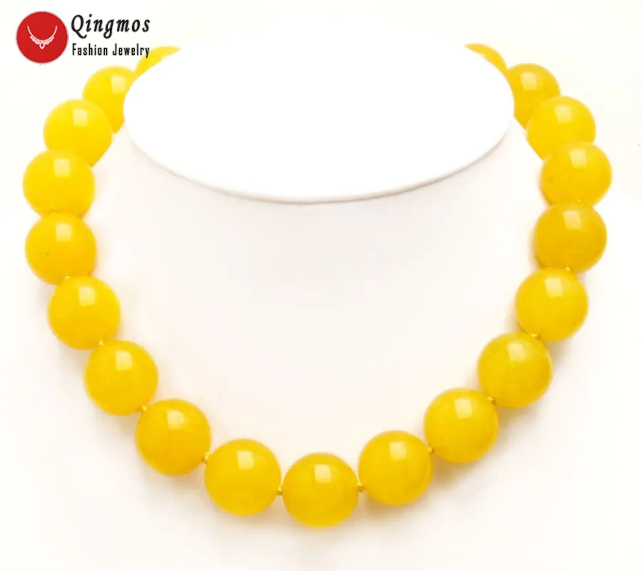 

Qingmos Trendy Jades Chokers Necklace for Women with 18mm Round Natural Yellow Genuine Jades Necklace Jewelry 17" Colar nec5984