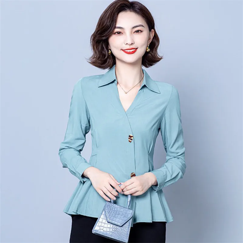 

Cotton Women Elegant Slim Temperament Shirts Spring Autumn Polo-Neck Shirring Long Sleeve Blouses Tops Mujer Blusas MM1149