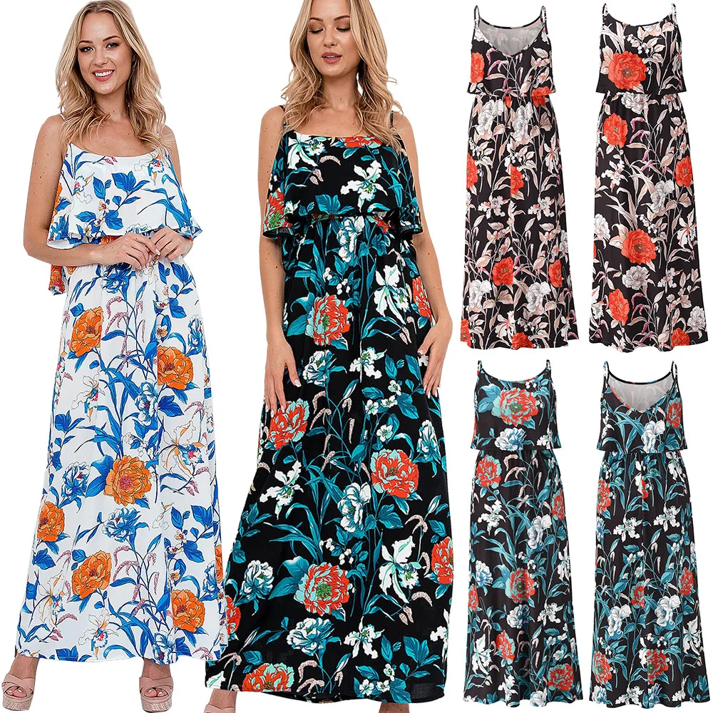 

Summer Beach Maxi Dress Women Floral Print Boho Long Chiffon Ruffles Wrap Casual V-Neck Split Sexy Party Robe