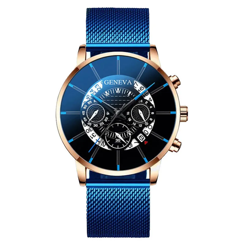 Men Famous Blue Calendar Watches Men Stainless Steel Mesh Watch Men Casual Quartz Watch Relogio Masculino Male Wristwatch Clock