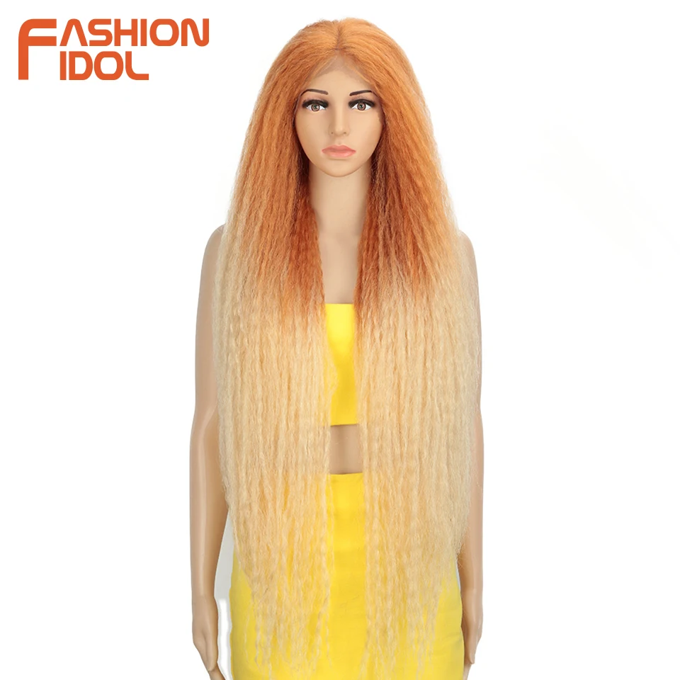 FASHION IDOL Afro Kinky Straight Hair Synthetic Long Braided Wigs Cosplay 38 inch Lace Wigs For Black Women Ombre Pink Green Wig