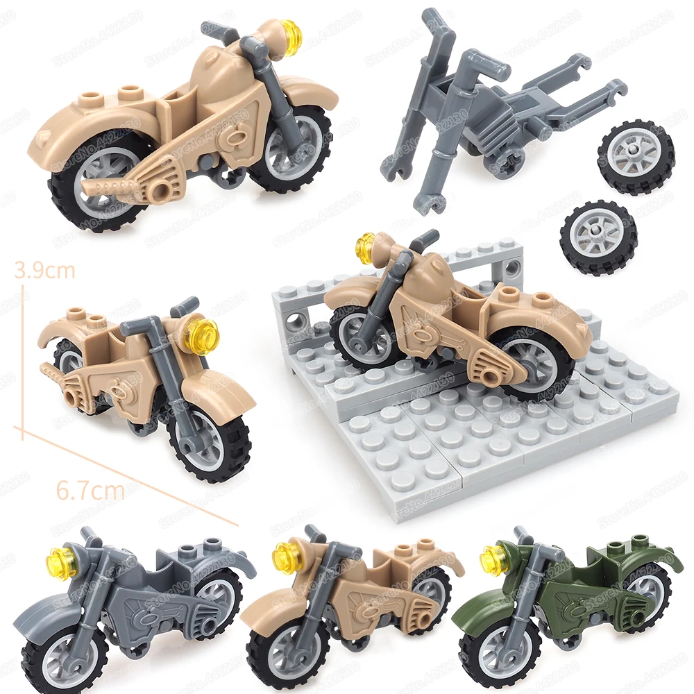 Military Cavalry Two-wheeled Motorcycle Building Block WW2 Figures Fighting Mount Equipment Model Child Christmas Gifts Boy Toys