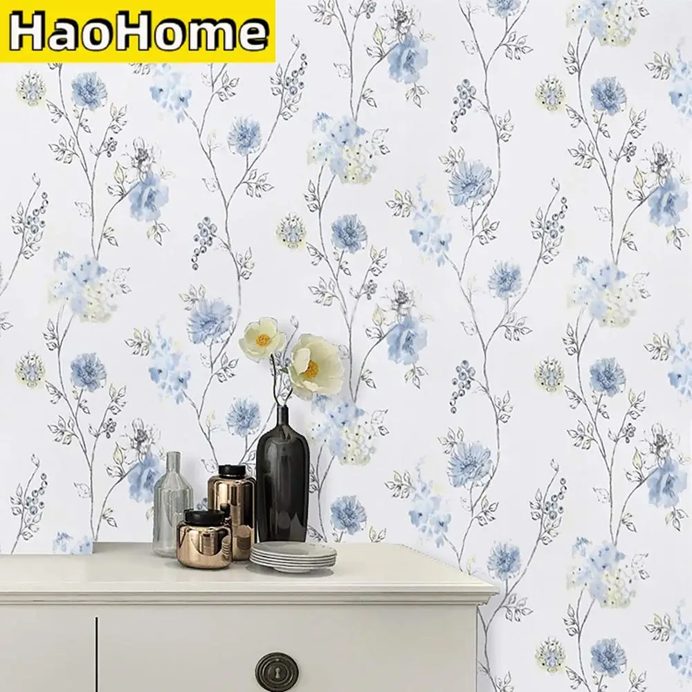 HaoHome Blue Floral Wallpaper Modern Floral Peel and Stick Wallpaper Self-Adhesive Waterproof Removable Contact Paper