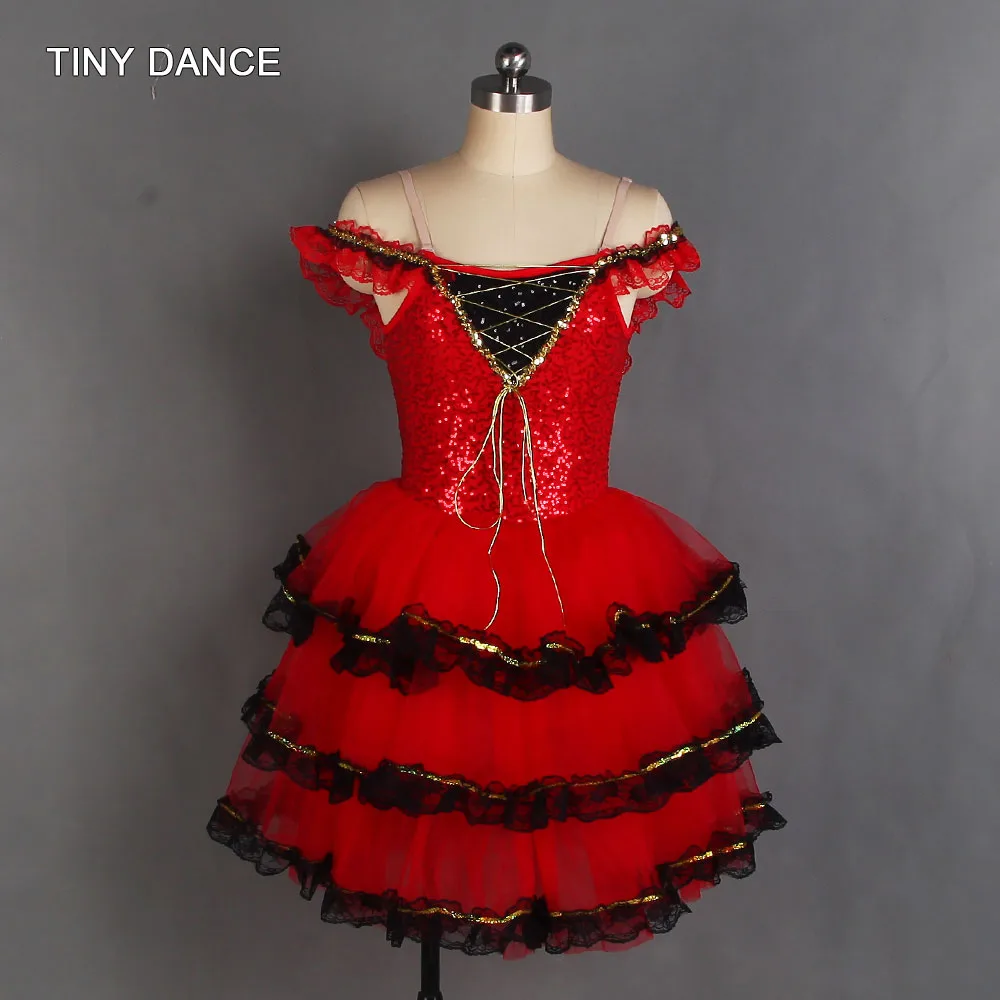 

3 Tiered Romantic Ballet Tutu for Girls and Women Off-the-shoulder Red Spanish Dress Sequin Bodice Ballerina Tutu Costumes 20527