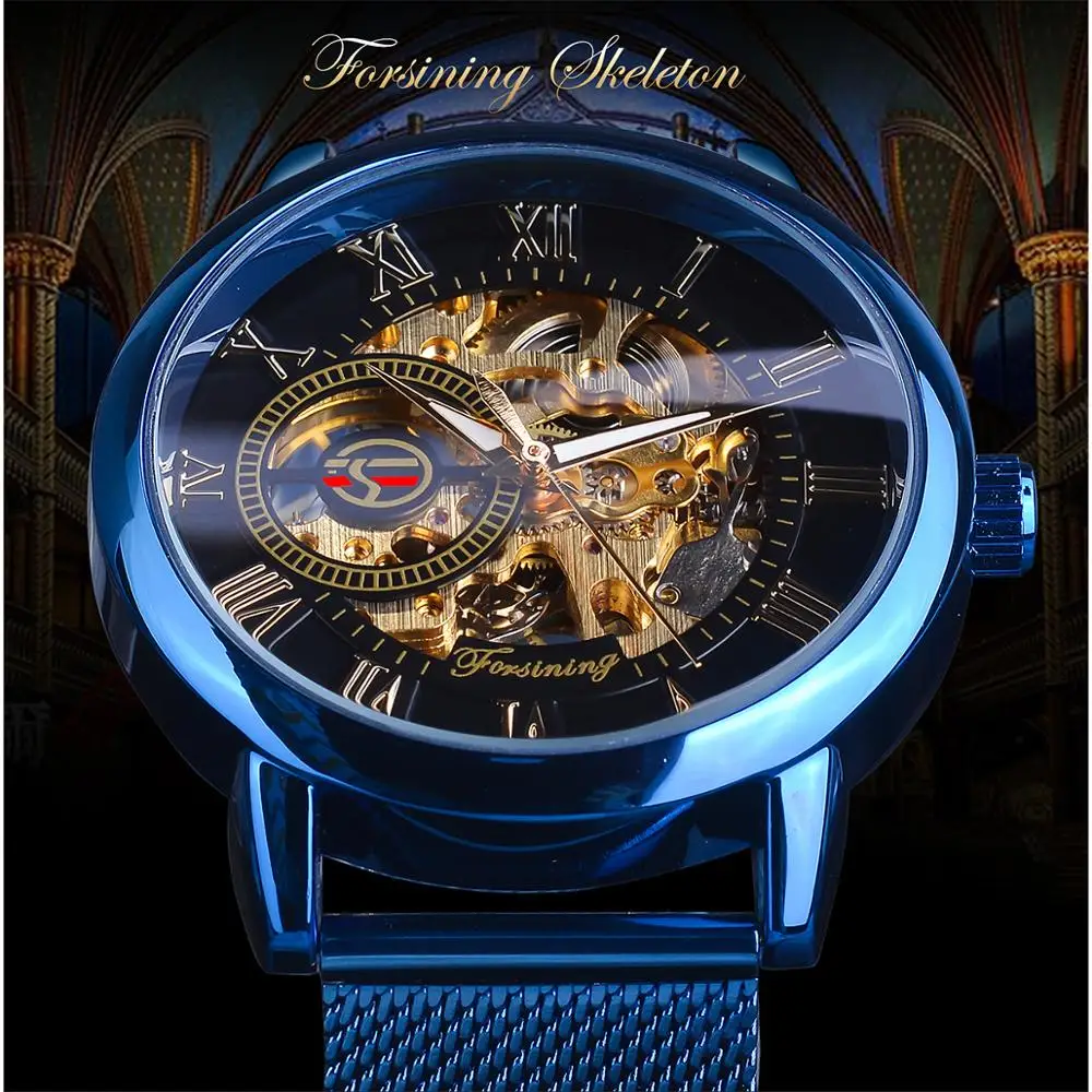 Forsining 3D Skeleton Royal Retro Design Blue Steel Mesh Band Golden Movement Men Mechanical Male Wrist Watches Top Brand Luxury