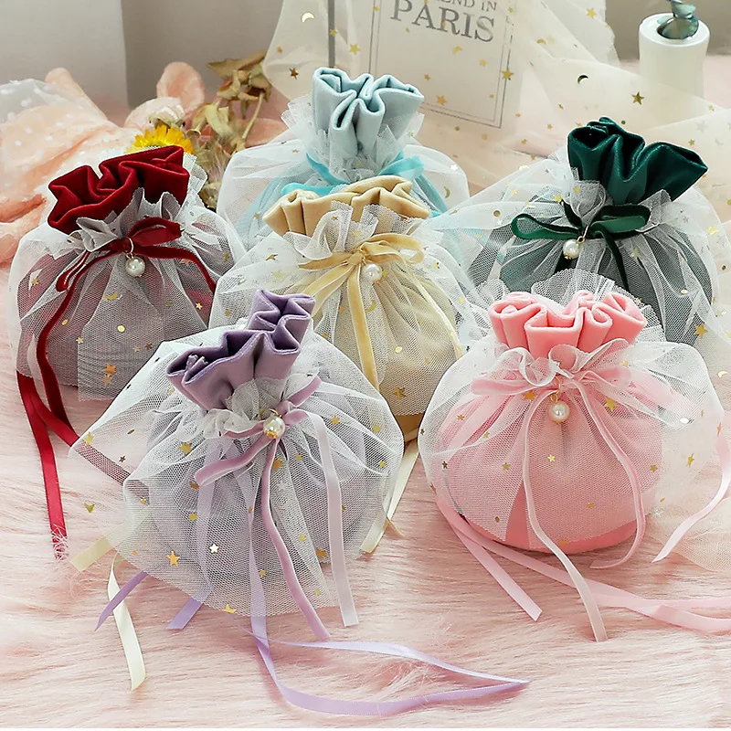 5PCS Wedding Velvet Sachets Party Candy Gift Packing Bags with Handles Velvet Candy Box Storage Gift Drawstring Pouch Print Logo