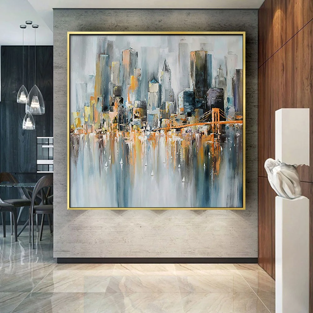 

Hand-painted Oil Paintings City Landscape Canvas Paint Modern Painting Wall Art For Living Room Decor Mural Gold Leaf Picture