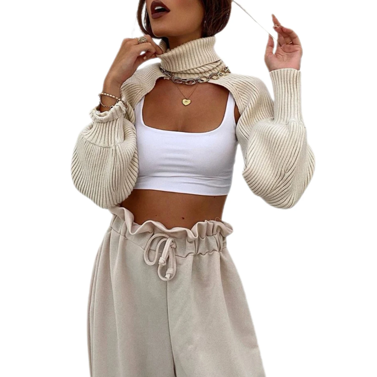 Female Sweater Solid Color High Collar Long Puff Sleeve Knitwear Pullover for Women super short crop tops matched with clothing