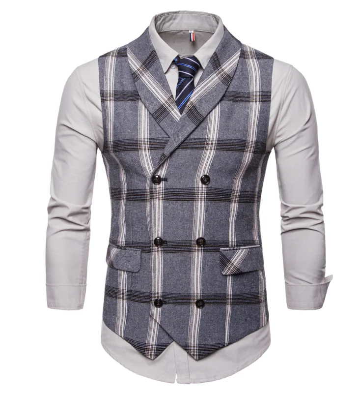 New 2020 Tweed Suit Men Vest Plaid Sleeveless Jacket Vests for Men Waistcoat Vintage Men\'s vest with Lapel gilet homme costume