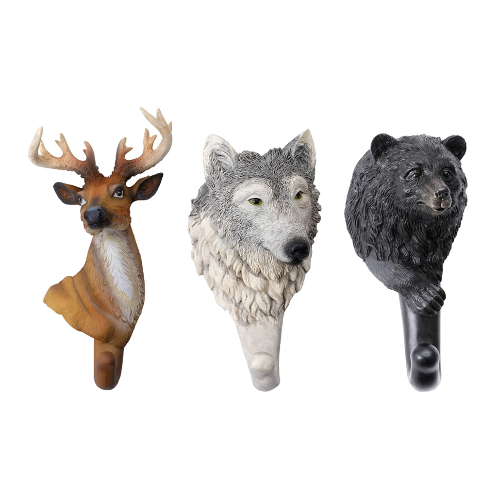 Resin Animal Wolf Bear Deer Head Wall Hanging Hook Coat Rack Home Decor