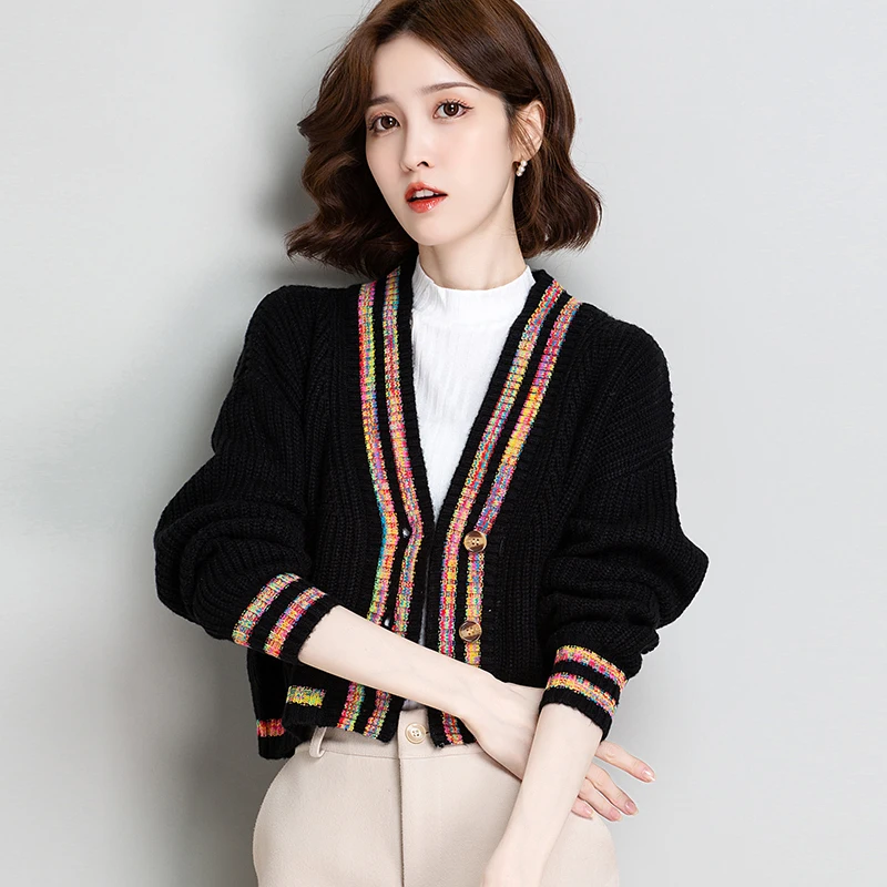 

Women Rainbow Cardigan Spring Leisure Striped Knit Coat Ladies Short Sweater Cardigan Buttons Up Knitwear