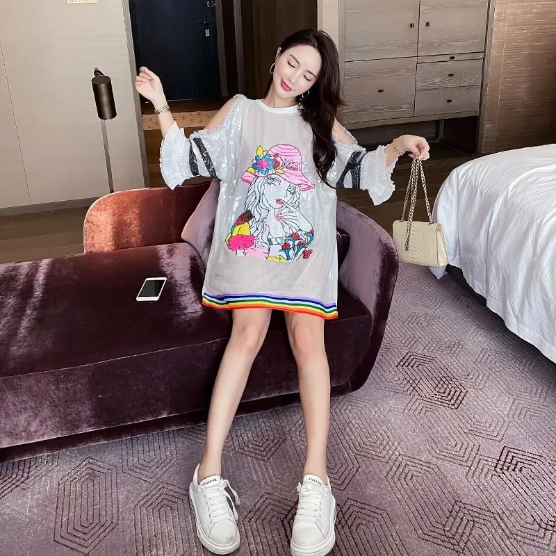 Summer Short-Sleeved T-Shirt Sequins Round Neck Striped Patchwork Loose New Cartoon Printed White Clothes Hip Hop Women T-Shirt