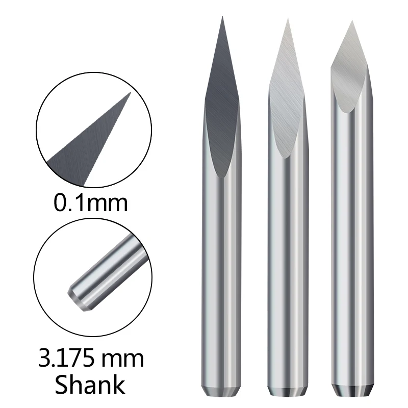 10pcs 3.175mm Shank 3 Edge Engraving Bit Set Tip 0.1mm 20/30/45/60/90 Degrees Carbide PCB Machine Router Bit 3D CNC Milling Bits