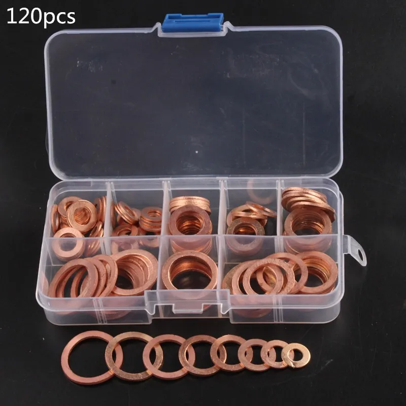 200 Pcs Copper Sealing Solid Gasket Washer Sump Plug Oil For Boat Crush Flat Seal Ring Tool Hardware M5/M6/M8/M10/M12/M14 Pack