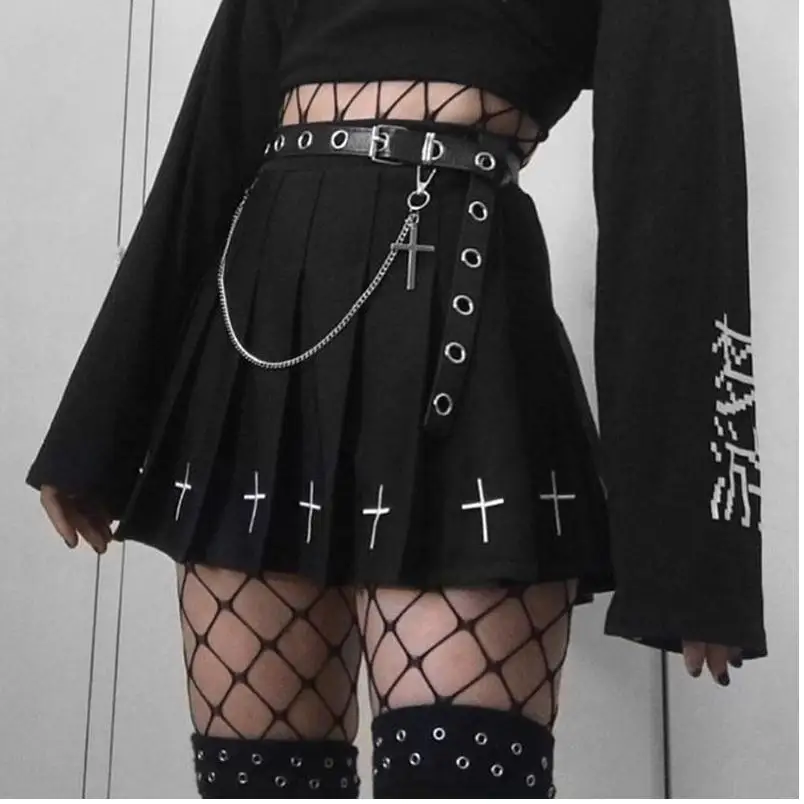 high waist black white Lolita Skirts Gothic Streetwear Cross Print Pleated Women Skirts Casual College Lolita Harajuku Skirt