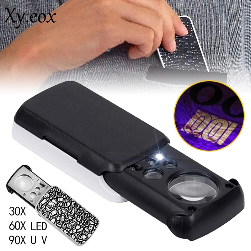 Black 30X 60X 90X Coin Jewelry Magnifier Loupe Magnifying with LED UV Lighted