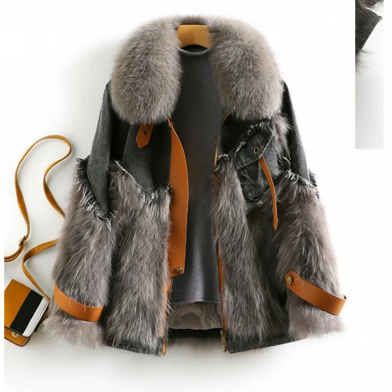 Natural Fox Fur Collar Thick Warm Denim Jacket Women Winter Coat With Real Fox Fur Female A Style Loose Size Clothing